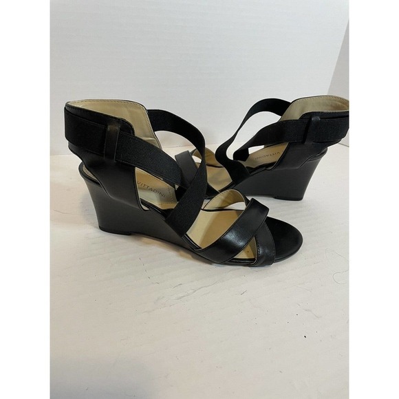 Adrienne Vittadini Woman’s Black Open Toe Wedge Sandals Elastic Slip On 6 Shoes - Picture 3 of 13